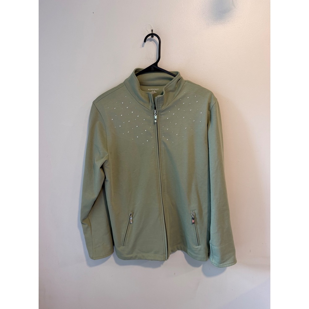 Allison Daley Sage Green Rhinestone Mock Neck Zip Up Jacket Womens Medium